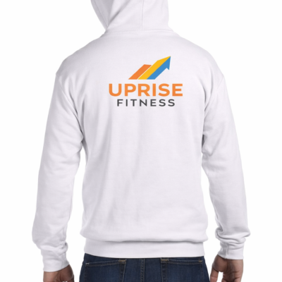 Custom Full Zip Hoodie with Back Graphic Design Custom full zip hoodie with large vinyl graphic design on back for branded apparel and promotional wear