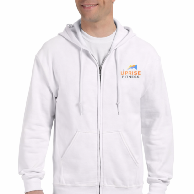 Custom full zip hoodie with small vinyl graphic logo on left chest for branded apparel and casual wear