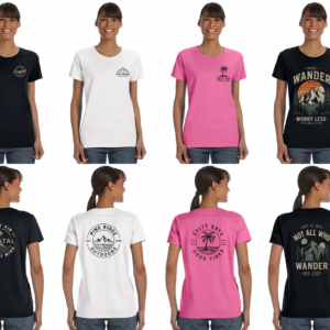 Black Gildan women’s graphic tee with small left chest logo design on front view