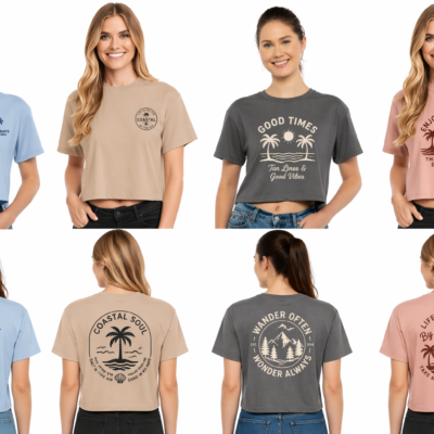 women’s cropped graphic tee mockup set with left chest logos full front designs and full back graphics