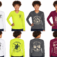 women’s long sleeve performance tee mockup set with left chest logos full front designs and full back graphics