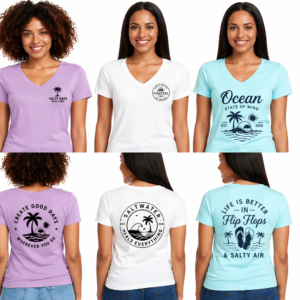 women’s v neck graphic tee mockup set with left chest logos full front design and full back logos