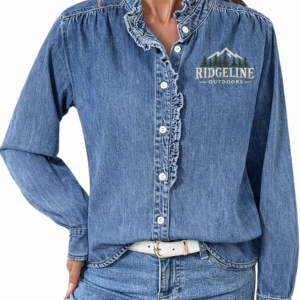 Custom embroidered denim blouse with Ridgeline Outdoors logo for branded apparel, business uniforms, and lifestyle wear