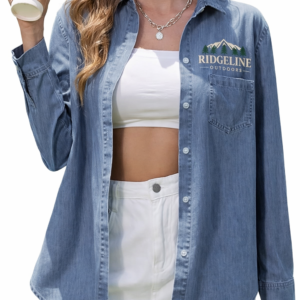 Custom embroidered denim button-down shirt with Ridgeline Outdoors logo for branded apparel, boutique fashion, and lifestyle wear