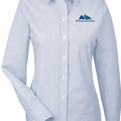 Personalized Devon & Jones women's dress shirt with small embroidered Mountain Point logo for business uniforms and corporate apparel