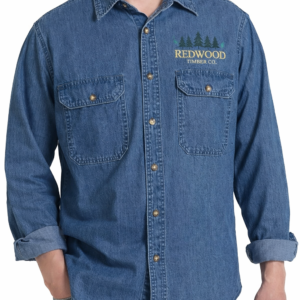 Personalized HISEA Men's Denim Work Shirt with custom embroidery for branded workwear, business uniforms, and everyday apparel