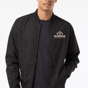 Personalized lightweight bomber jacket with custom embroidered logo for branded apparel, business uniforms, and casual wear