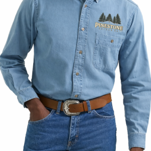 Personalized Wrangler Rugged Wear Denim Basic Shirt with custom embroidered logo for branded workwear, business uniforms, and everyday apparel