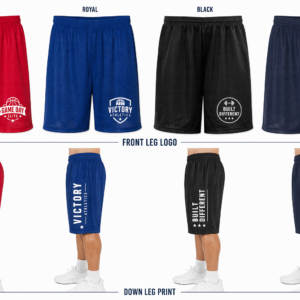 athletic mesh shorts mockup set with front leg logo and down leg print placement examples