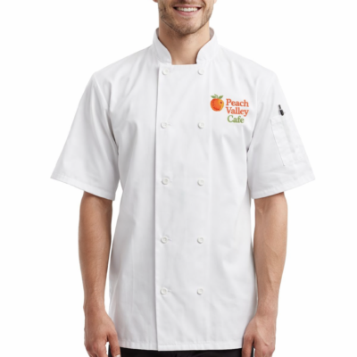 Custom embroidered short sleeve chef coat with logo for kitchen staff, chefs, and restaurant uniforms