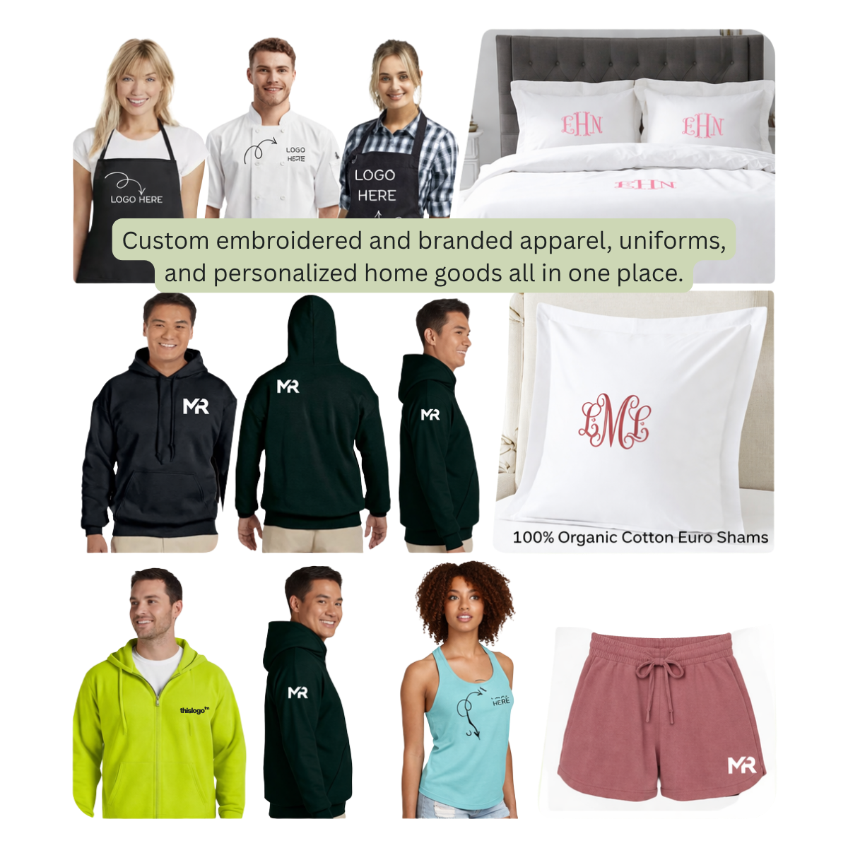 Home 1 Collage showing custom logo apparel and personalized home goods, including aprons, chef coat, hoodies, tank top, duvet set, euro sham, shower curtain, vest, shorts, and zip hoodie.