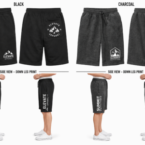 District V.I.T. Fleece Short mockup set with front logo placement and side down leg print examples in black and charcoal