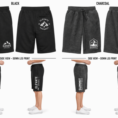 district-vit-fleece-short-logo-placement-mockup-set-black-charcoal. District V.I.T. Fleece Short mockup set with front logo placement and side down leg print examples in black and charcoal