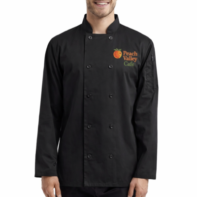 Custom embroidered long sleeve chef coat with logo for chefs, kitchen staff, and culinary uniforms