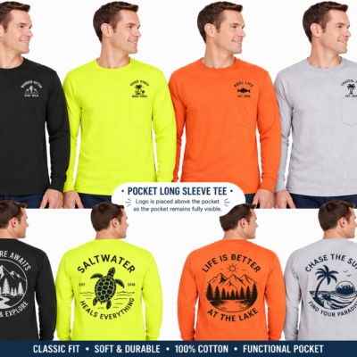 men’s pocket long sleeve t shirt mockup set with small chest logos above pocket and full back graphic designs