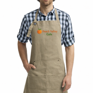 Custom embroidered long trendy apron with logo for restaurant, café, bar, and hospitality staff