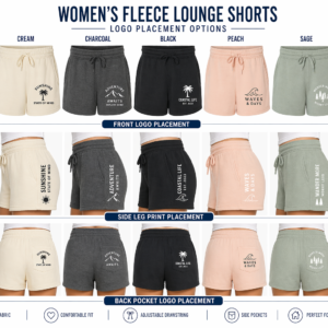 women’s fleece lounge shorts mockup set with front logo side leg print and back pocket logo placement options