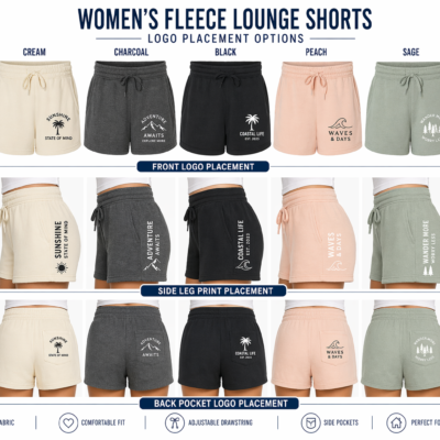 women’s fleece lounge shorts mockup set with front logo side leg print and back pocket logo placement options