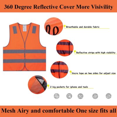 High Visibility Orange Safety Vest Features High visibility orange safety vest with reflective striping and breathable mesh fabric