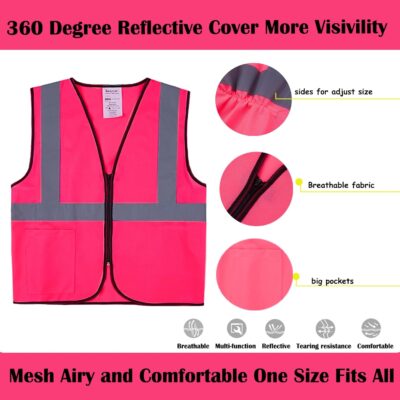 High Visibility Pink Safety Vest High visibility pink safety vest with zipper closure reflective strips and pocket detail