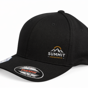 Black Flexfit baseball cap with small embroidered side logo for custom branding, work uniforms, and promotional apparel