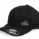 Black Flexfit baseball cap with small embroidered side logo for custom branding, work uniforms, and promotional apparel