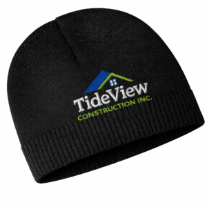 Black knit beanie with custom embroidery area for business logo branding, workwear, and promotional apparel