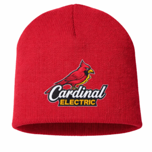 CP91 red knit beanie embroidered with Cardinal Electric logo for branded workwear, business uniforms, and promotional apparel