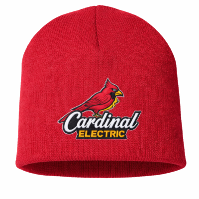 CP91 red knit beanie embroidered with Cardinal Electric logo for branded workwear, business uniforms, and promotional apparel