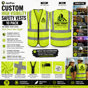 Custom high visibility safety vest with front chest logo and full back logo in safety green