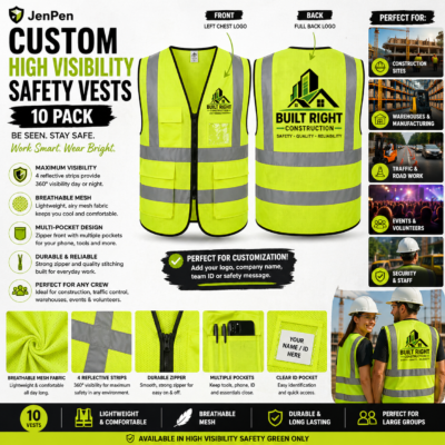 Custom High Visibility Safety Vest with Logo Placement Custom high visibility safety vest with front chest logo and full back logo in safety green