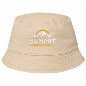 Custom Atlantis Headwear POWELL Sustainable Bucket Hat with embroidered logo for branded apparel, outdoor wear, and promotional merchandise
