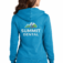Custom women’s full zip hoodie with large vinyl graphic logo on back for branded apparel and promotional wear