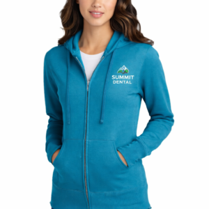 Custom women’s full zip hoodie with small vinyl graphic logo on left chest for branded apparel and casual wear
