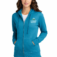 Custom women’s full zip hoodie with small vinyl graphic logo on left chest for branded apparel and casual wear