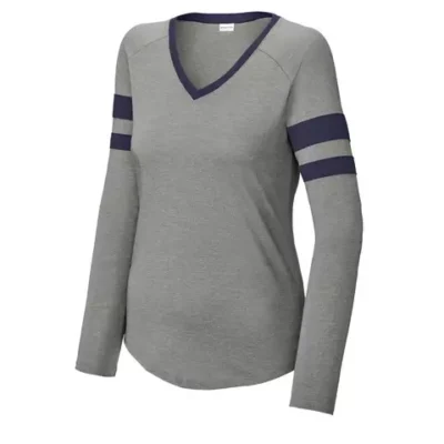 black-vintage-heather-custom-womens-stripe-long-sleeve-tee Women’s custom long sleeve V-neck tee with sporty raglan style