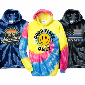 custom graphic tie dye hoodies with adventure good vibes and back the blue designs