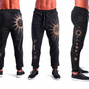 mens custom sun dyed jogger pants with celestial graphic design and vintage style print