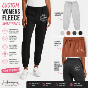 Custom womens fleece sweatpants with logo, monogram, and personalized design options