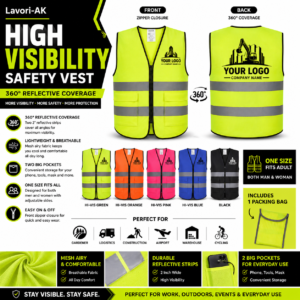 Personalized high visibility safety vest with zipper front and custom logo placement on chest and back
