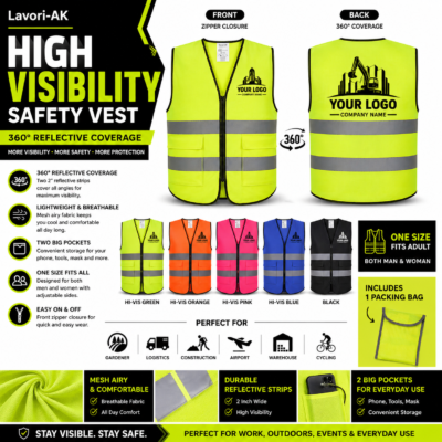 Personalized high visibility safety vest with zipper front and custom logo placement on chest and back