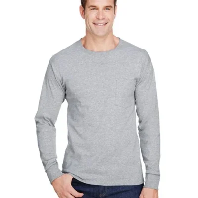 durable Hanes long sleeve pocket shirt designed for custom branding and everyday use