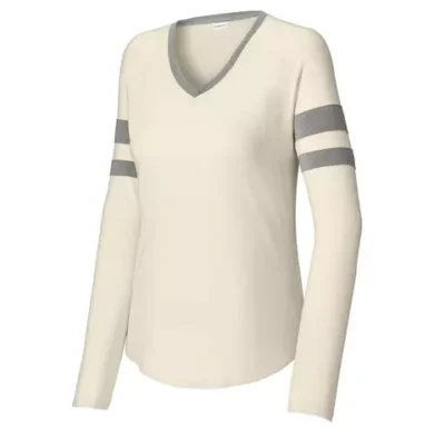 white-vintage-heather-custom-womens-v-neck-long-sleeve-te Women’s custom long sleeve V-neck tee in a clean and versatile color option