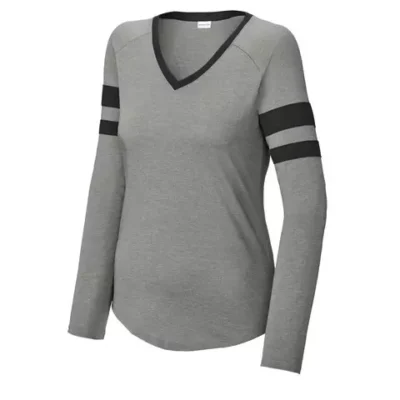 Custom Sport-Tek women’s halftime stripe long sleeve V-neck tee with raglan sleeves