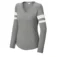 Women’s custom V-neck long sleeve raglan tee front view with sleeve stripe detail