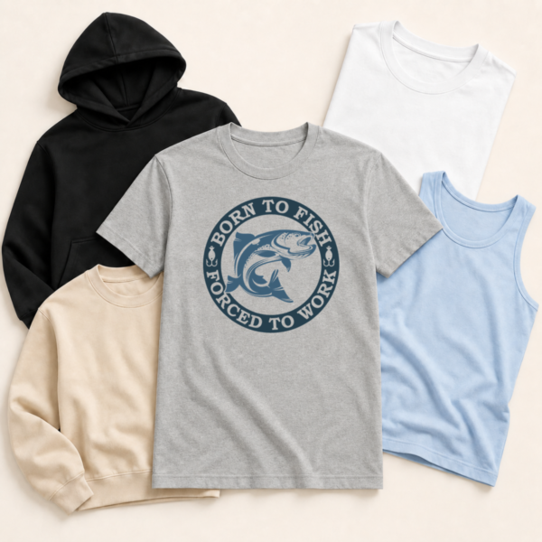 Born to fish forced to work shirt tank tee sweatshirt hoodie mockup