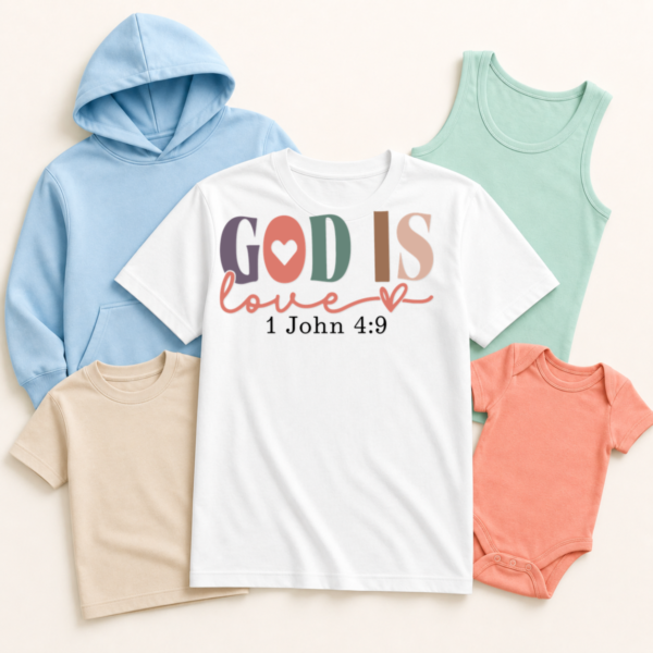 God Is Love 1 John 4:9 Scripture Apparel Mockup Apparel mockup featuring God Is Love 1 John 4:9 Scripture