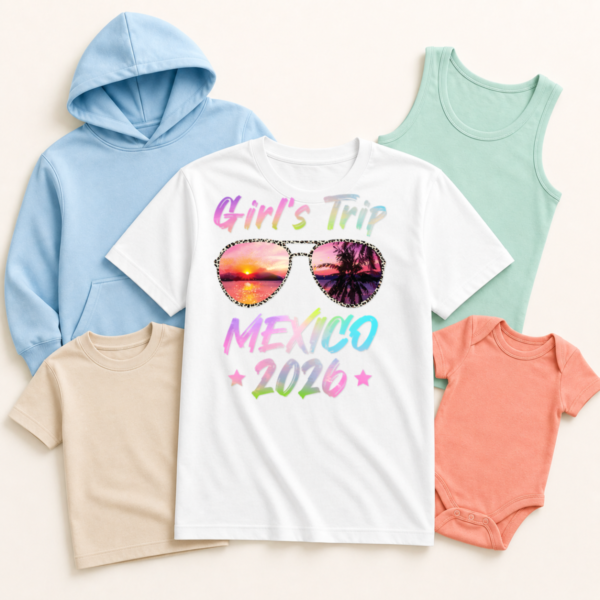 Apparel mockup featuring Mexico Girls Trip 2026 Pastel Sunglasses